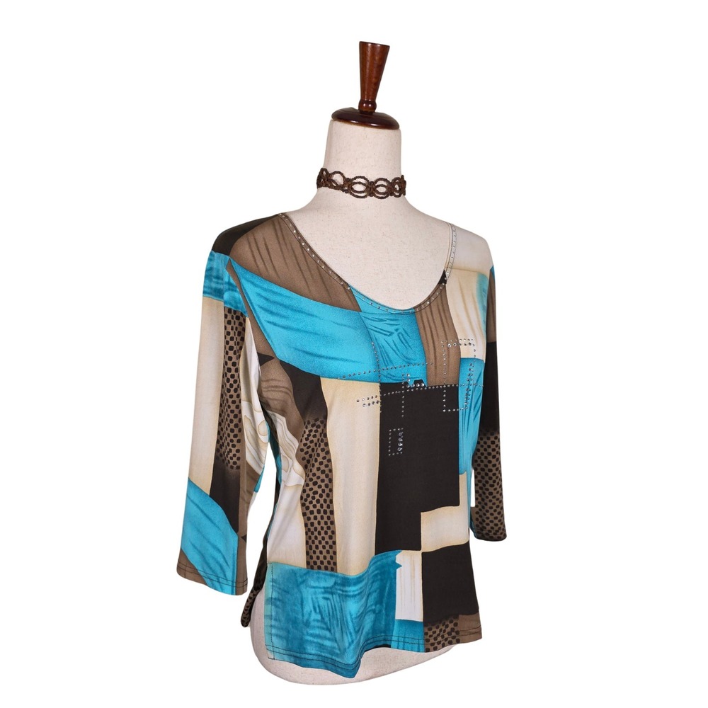 Valentina Top Size M Blue Y2K Eurotrash Geometric Rhinestones Long Sleeve Indie